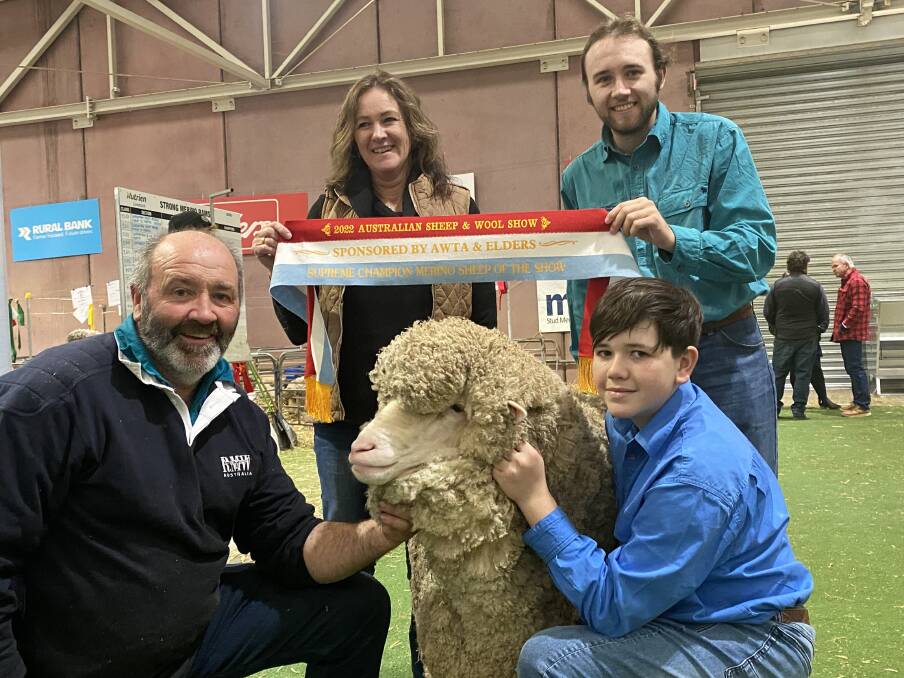 PERFECTION: The supreme exhibit for 2022 at the ASWS exhibited by the Letter family of Conrayn stud, Berridale, NSW. L- R Peter, Jayne, Kade and Jamie Lette. 