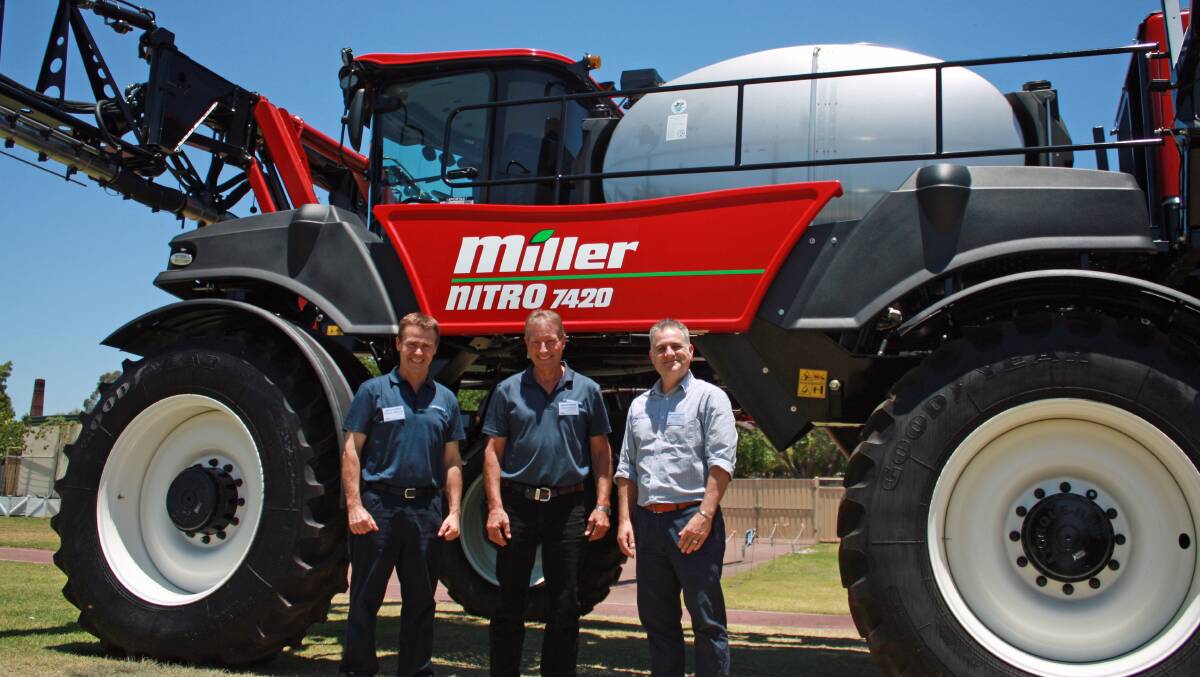 This happy trio attended the national dealer product reveal of the new Miller Nitro self-propelled boomsprayers in Perth last week. Pictured from left, McIntosh & Son Kulin salesman Duncan Murdoch, McIntosh & Son Wongan Hills sales manager Dave Trindall and McIntosh Distribution national Miller salesman Jonathan 'Jono' Bent. 
