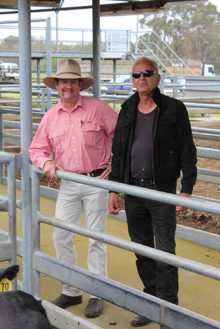 Ollie Moreth (right), O Moreth, Young Siding, offered 38 PTIC Angus females in the sale on Monday. He is with Elders Mt Barker agent Jai Newman.