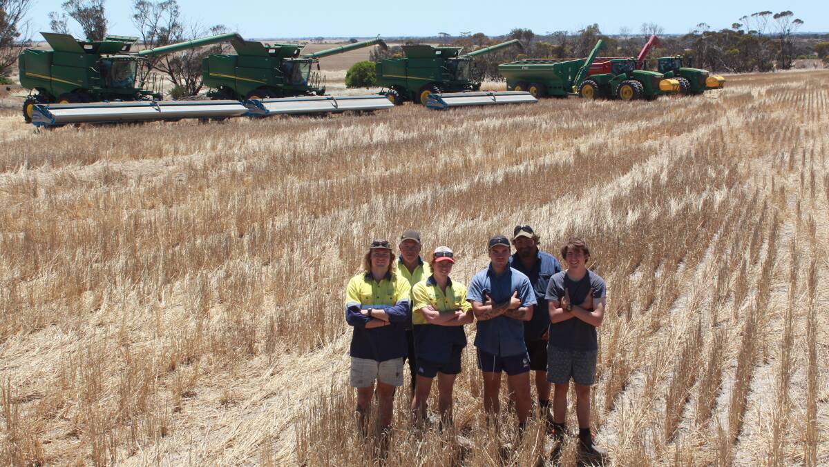 The harvest crew at A O’Meehan & Co were two thirds of the way through harvest when Farm Weekly called in last Thursday. Taking a break while waiting on the moisture to come right in this wheat crop were Angus Allen (left), Ray Martin, Andrew Bridle, Connor Marsden, Martin Brooks and Kynan Brooks.