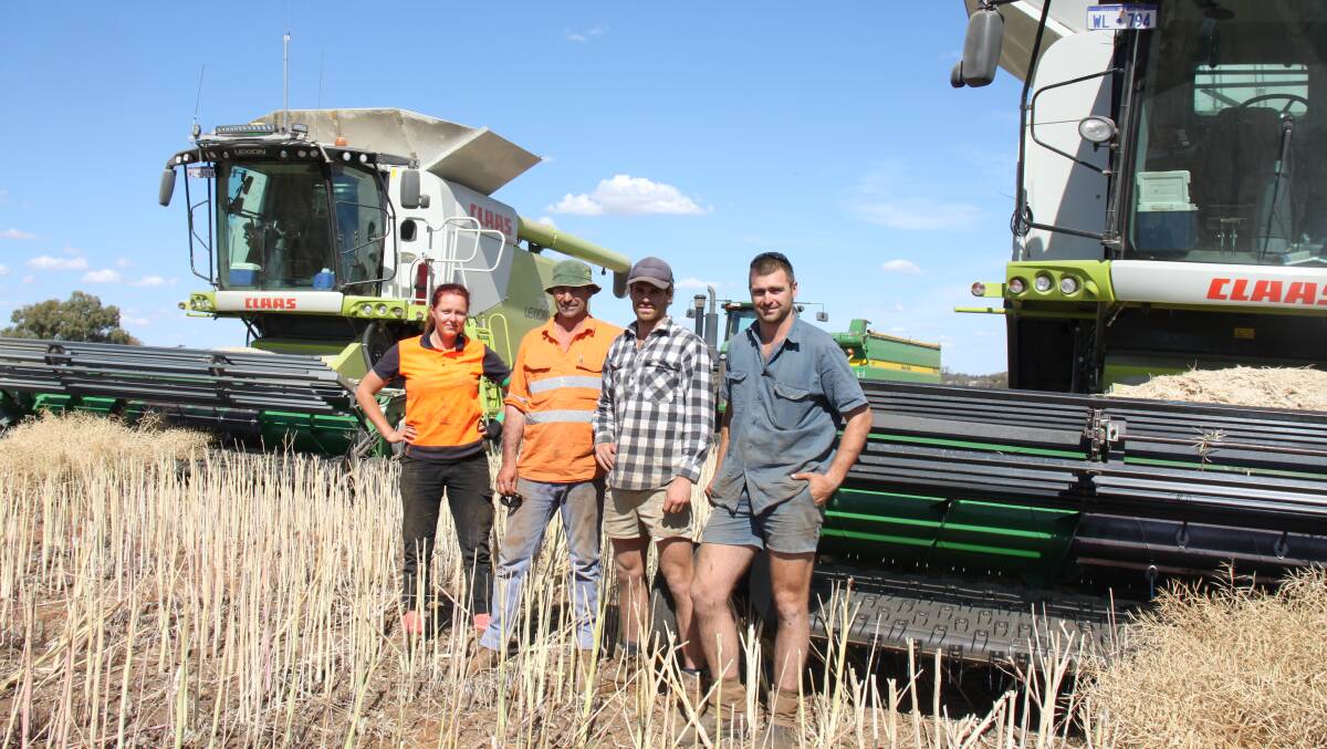 Almost finished harvesting their canola crop at Williams and Arthur River were Bernie (second left), Simon and Nick Panizza with their worker Mirjam Read, Estonia.