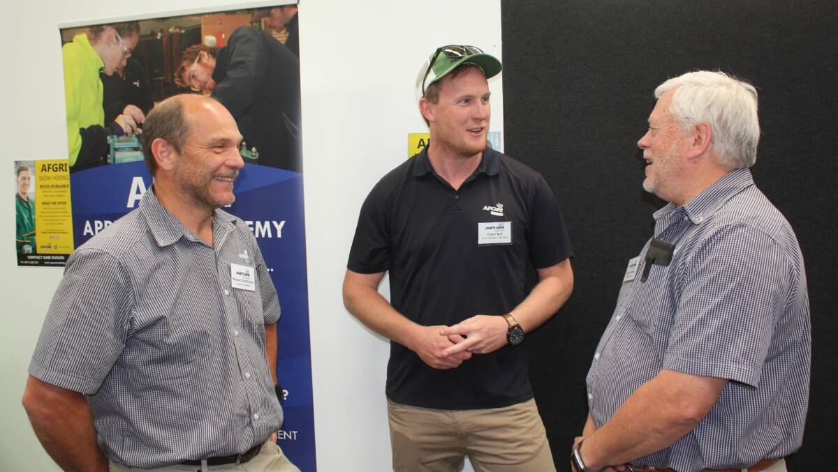 AFGRI Equipment commercial director Wessel Oosthuizen (left) and the company's operations director Gollie Coetzee flank newly appointed Lake Grace branch manager Tyson Bell. Tyson, formerly from Williams, has been a salesman at AFGRI's Lake Grace branch for the past six years and was promoted recently, re-enforcing the company's ethos to grow from within.