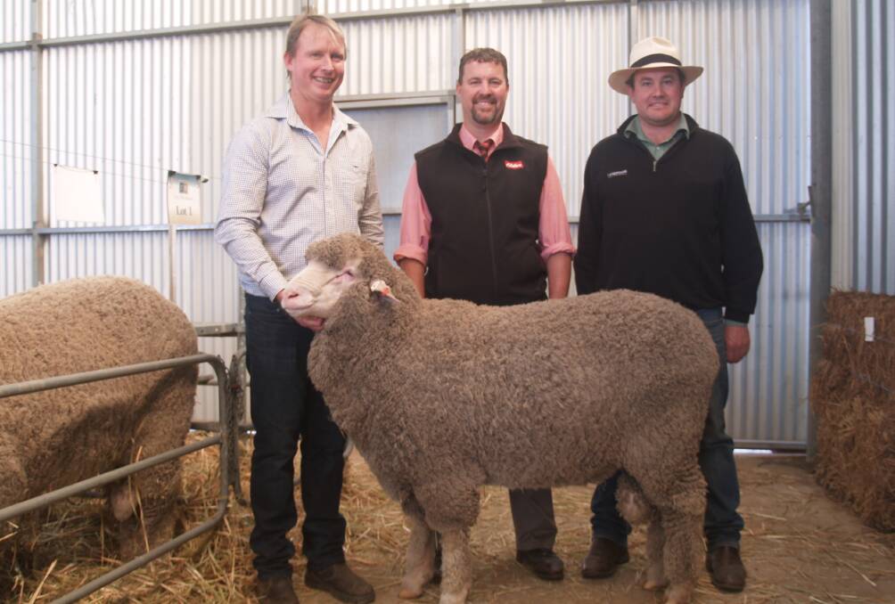  With the $16,750 third top-priced Poll Merino ram and fourth top-priced ram overall sold at the Gooding family's East Mundalla ram sale at Tarin Rock were East Mundalla co-principal Daniel Gooding (left), Elders auctioneer Nathan King and Landmark Breeding representative Mitchell Crosby, who purchased the ram on behalf of the Sutherland family, Arra-Dale stud, Perenjori.