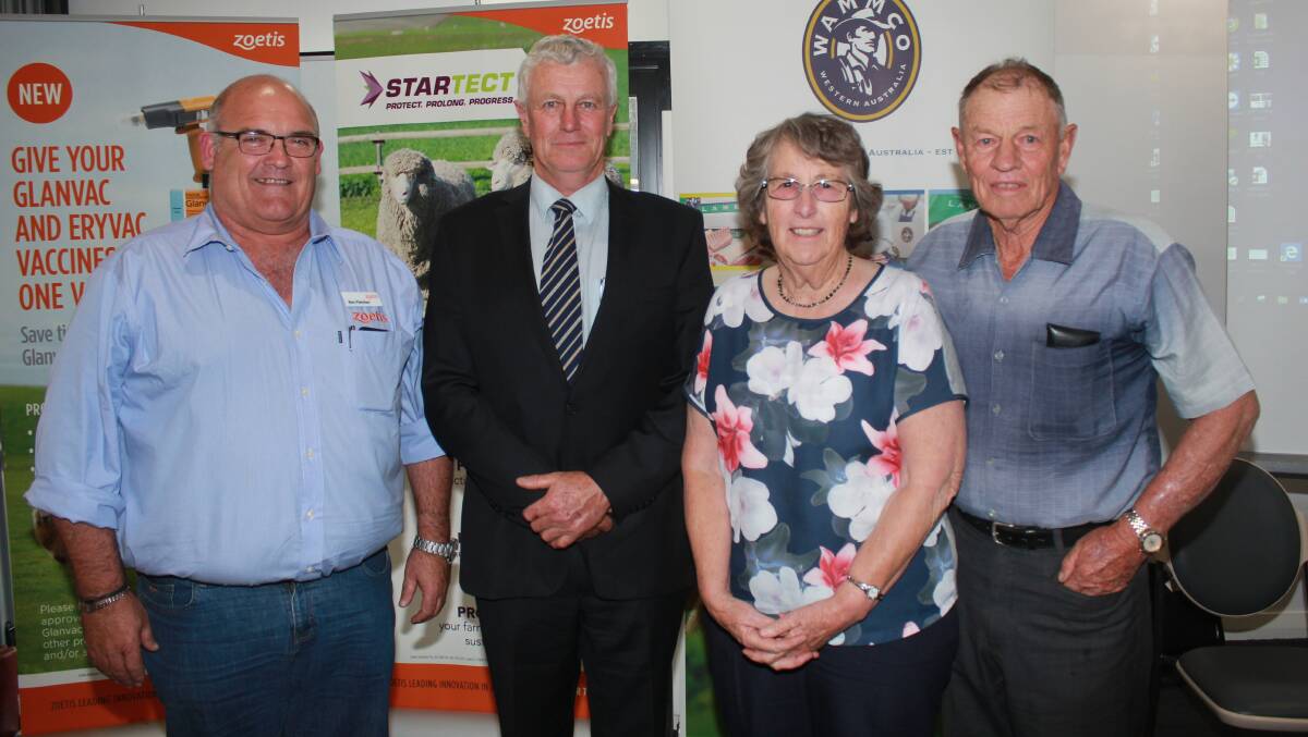 Ben Fletcher (left), Zoetis and WAMMCO chairman Craig Heggaton congratulated Wally and Glennis Mills, Aldersyde, who were the winners of the medium crossbred lamb supplier category in the WAMMCO Producer of the Year awards.