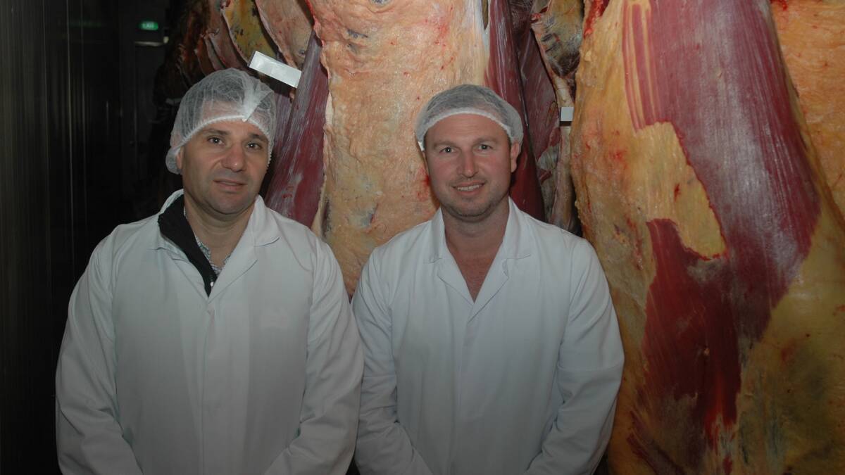 Western Meat Packers Group (WMPG) chief executive officer Andrew Fuda (left) with WMPG Margaret River abattoir general manager Jamie Warburton with beef sides in the chiller.