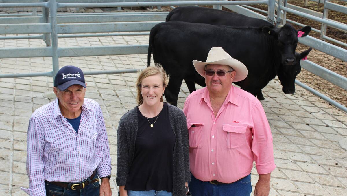 The top price heifers of the Ray Norman Memorial Elders Breeder Sale were two Angus donated by Chimera Trust, Mt Barker and PM & CJ Wishart, Greenrange, which made the sale top price of $3250 per head. The proceeds raised from the sale of these heifers went to the Albany Hospice and they were purchased by Gerald Kilpatrick (left), Chimera Trust, Mt Barker, who is with Annabel Charlton, Chimera Trust and Elders auctioneer Wayne Mitchell.