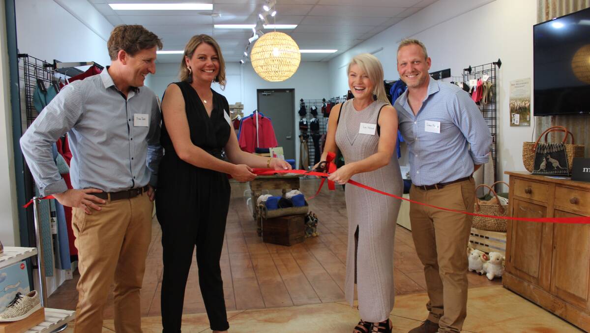 The Williams Woolshed partners Ryan and Sara Duff (left) and Kim and Simon Maylor about to cut a ribbon to open their unique new store employing local people to sell knitwear made from local wool.