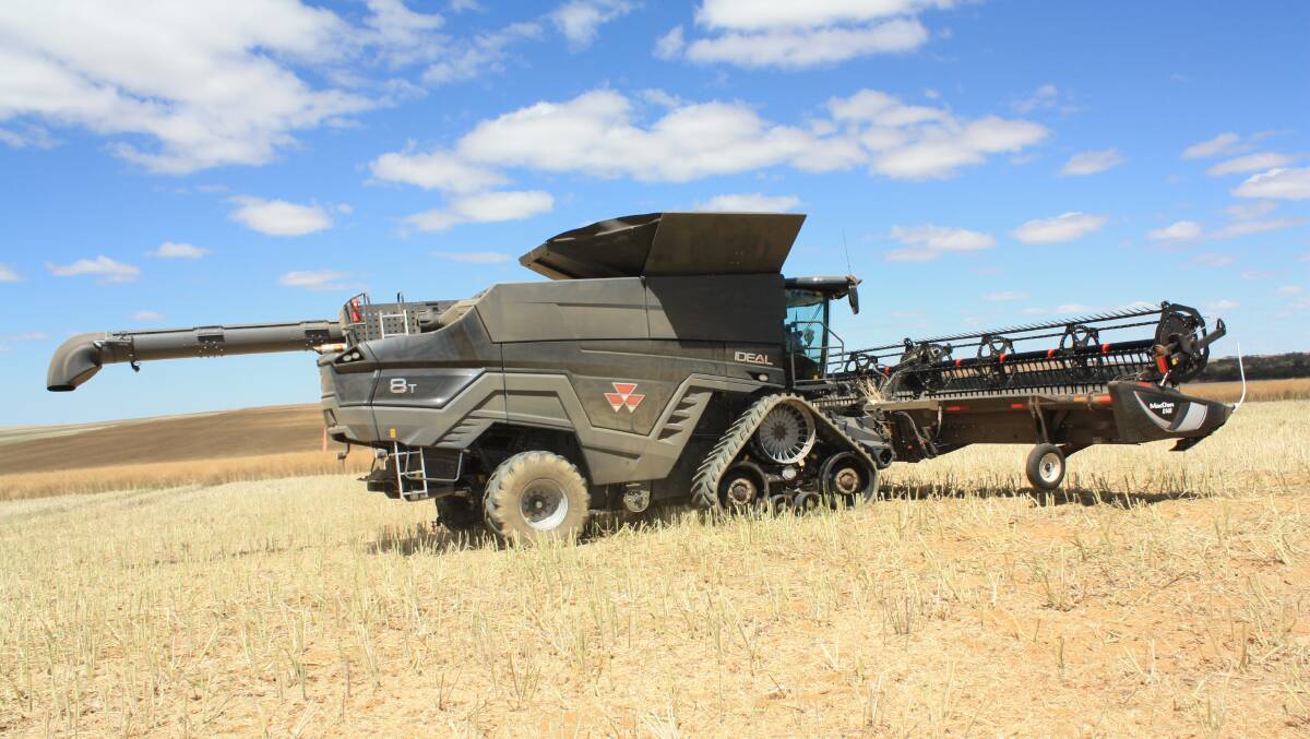 The AGCO IDEAL, badged as a Massey Ferguson, returns to out-load its 17,000 litre grain tank which is achieved in 90 seconds.