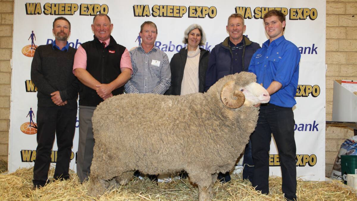  The House family's Barloo stud, Gnowangerup, sold the top-priced Merino ram for the season and the third top-priced sire overall at $22,500 at the Rabobank WA Sheep Expo & Sale at Katanning. With the ram which sold to the East Mundalla stud, Tarin Rock, were Barloo representative Paul Gugiatti (left), Elders stud stock representative Russell McKay, buyer Daniel Gooding, East Mundalla stud, with Barloo stud principals Cindy and Richard House, and Will Limbert, Barloo stud.