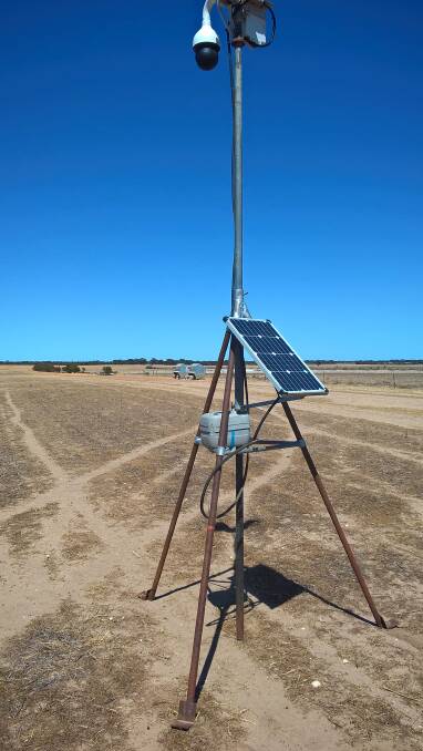 The camera in this photo is the prototype camera that can be moved around and it has the capability to follow a mob of sheep around the paddock. The top section of the camera and control/power unit comes off with a simple clamp. This is carried in the vehicle. The remaining pipe work and battery box and solar panel can be thrown in the back of the ute and relocated to the next paddock. Full pull down time is five minutes and it takes five minutes to set up. The camera provides a high definition image with the zoom providing 360-degree coverage of a two kilometre diameter. According to Wally Newman this camera will prove to be the most beneficial of all cameras. In what was a real team effort, Dan Winson provided the camera and the smarts, Wally Newman designed and made the framework and Olaf Schubert put the electronics together and made it work. When not in use, the camera goes to sleep so its battery life is exceptional – it is also referred to by all as “Sleeping Beauty”.
