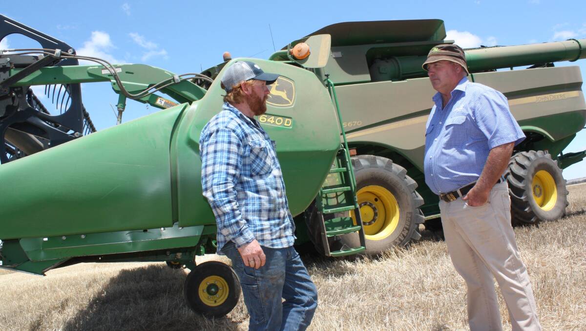 West Pithara farmer Dusty Fry (left), pictured here talking with AFGRI Equipment Dalwallinu salesman Jamie Bean, pitched in to help a neighbour last week after finishing his harvest the previous week. "He had a header fire so I brought my header (a John Deere S670) in to help him out," Dusty said. "Fortunately I had a good run on my farm and yields are above budget. It's the first time I've hit good yields and good prices in the same year. The wheat went APW2 and ASW, the canola was above the five-year average with excellent oil averaging 49 and the Feed barley was exceptional with Compass and Planet varieties while Spartacus was solid."