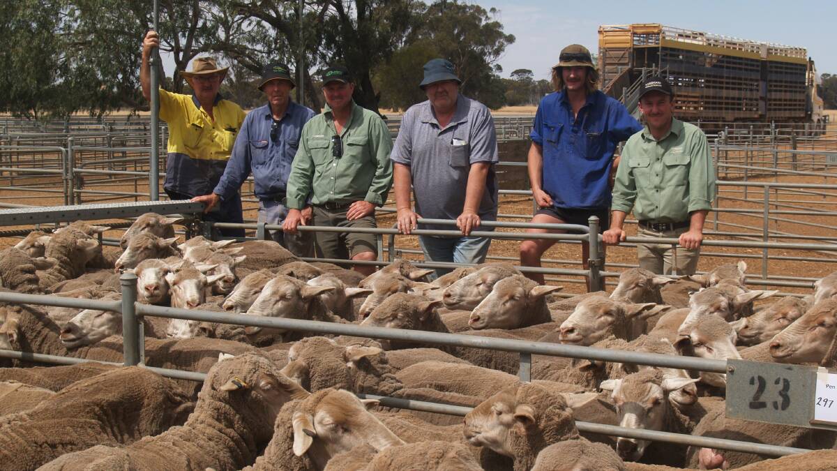 A line of 297 October shorn 2.5yo ewes from Nalyaring & Co, Brookton, sold for $159 at the sale. With the ewes were Don Uren (left) and Bevan Walters, Nalyaring & Co, Landmark Brookton-Pingelly agent Chris Turton, buyers Adrian and Brayden Fairhead and sale auctioneer James Culleton, Landmark Corrigin.