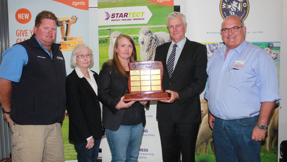 The Lynch family, Hyden, won this year's WAMMCO Producer of the Year competition after taking out the large crossbred supplier category. With the trophy were Westcoast Wool & Livestock agent Lincon Gangell (left), winners Monica and Donna Lynch, PD Lynch & Co, Hyden, WAMMCO chairman Craig Heggaton and Ben Fletcher, Zoetis, which was a major sponsor of the awards.