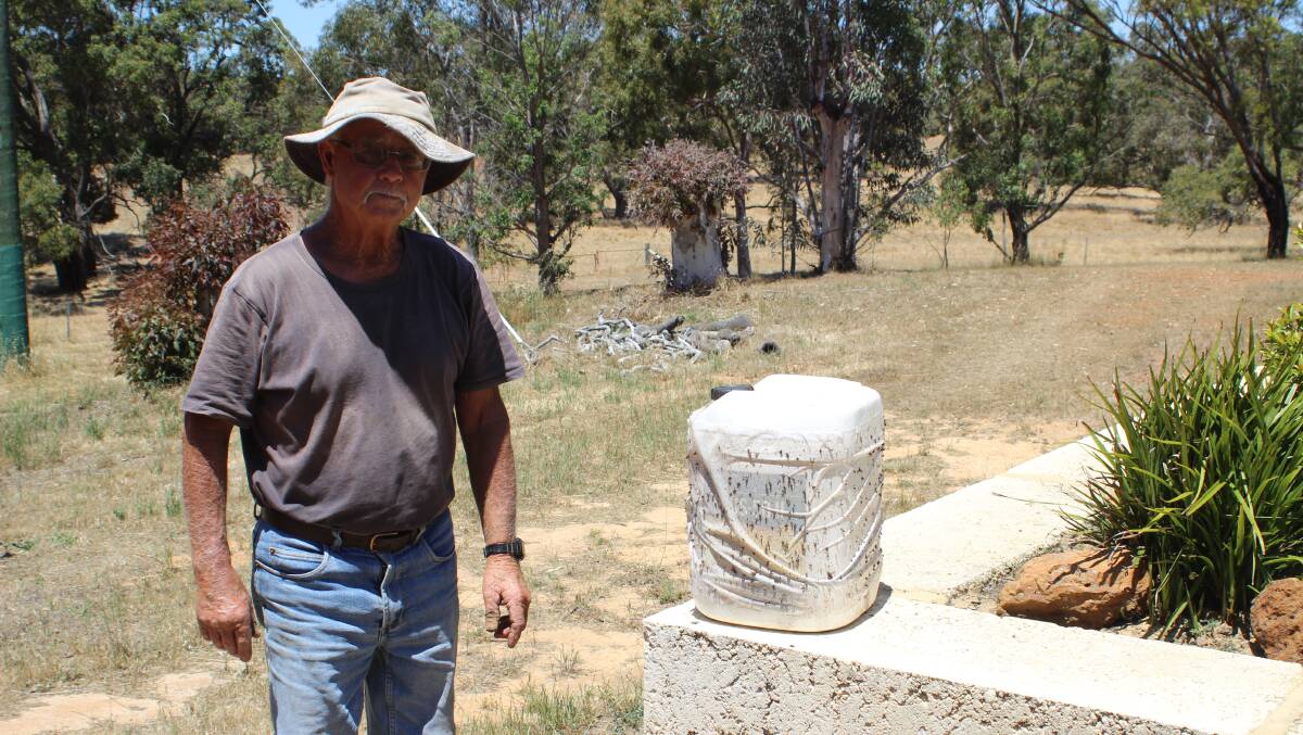 Badgingarra cattle and sheep producer Geoff Teasdale with a sticky trap covered in stable flies. Mr Teasdale and a group of landholders want the Dandaragan Shire Council to adopt the Stable Fly Management Plan.