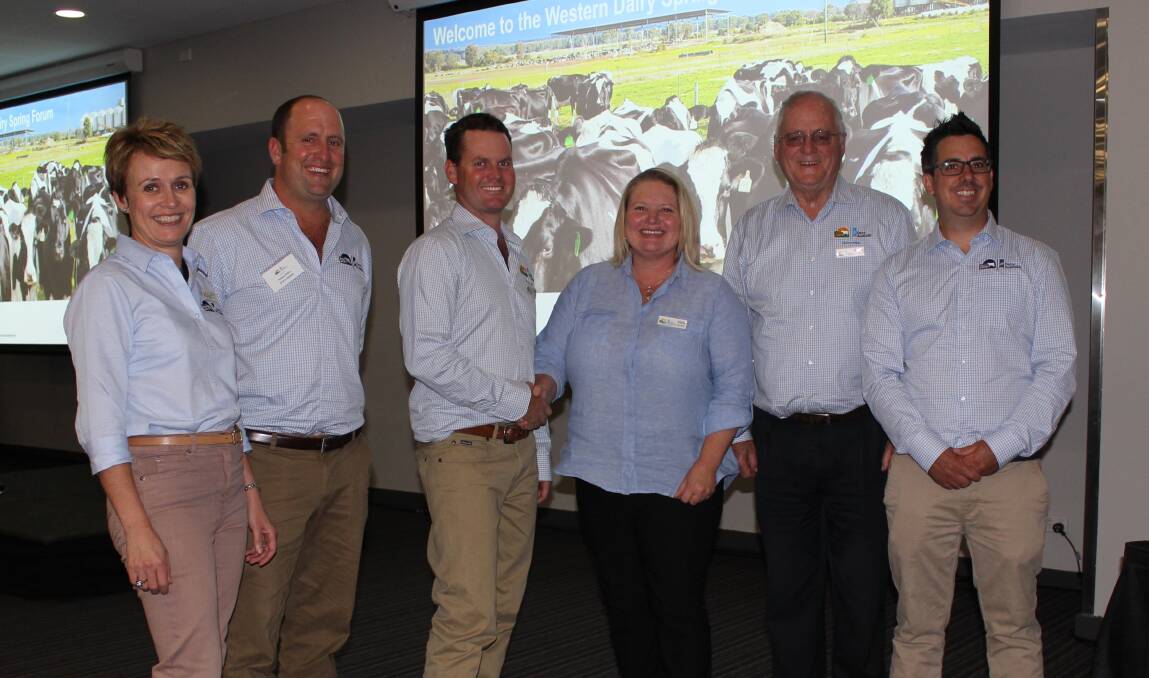 Western Dairy's new executive, regional manager Esther Jones, new director Andrew Jenkins, retiring chairman Grant Evans congratulating new chairperson Vicki Fitzpatrick, deputy chairperson Brian Piesse and new director Nick Brasher.