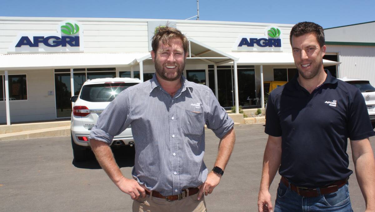 AFGRI Equipment Carnamah branch manager Brad Forrester (left) and the company's Geraldton branch manager Graeme Henderson at Carnamah last week.