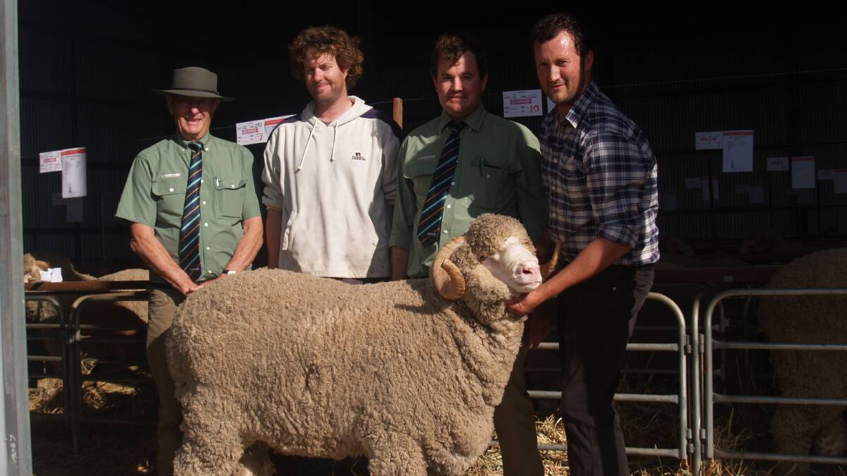  With the $16,750 third top-priced Poll Merino ram and fourth top-priced ram overall sold at the Gooding family's East Mundalla ram sale at Tarin Rock were East Mundalla co-principal Daniel Gooding (left), Elders auctioneer Nathan King and Landmark Breeding representative Mitchell Crosby, who purchased the ram on behalf of the Sutherland family, Arra-Dale stud, Perenjori.