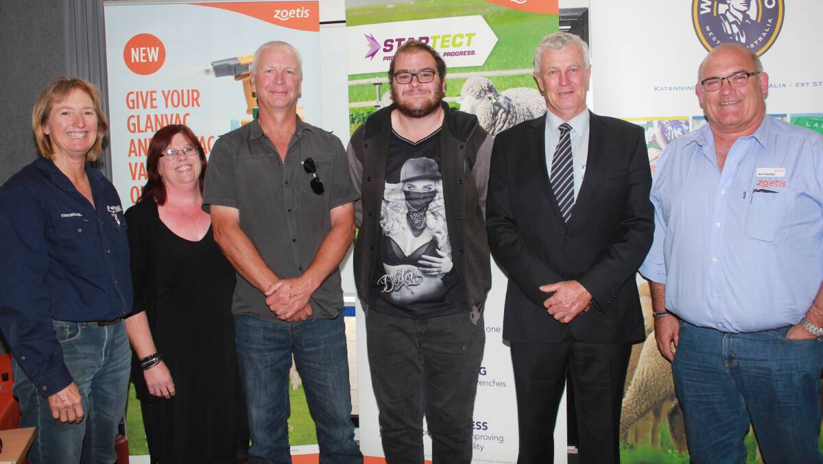 The Wyatt family, Pingaring, won the small Merino lamb supplier category in this year's WAMMCO Producer of the Year category and at the awards ceremony were the Wyatt's livestock agent Jane Bushby (left), Westcoast Wool & Livestock Pingaring, Jeni, Evan and Patrik Wyatt, Pingaring, WAMMCO chairman Craig Heggaton and Ben Fletcher, Zoetis.