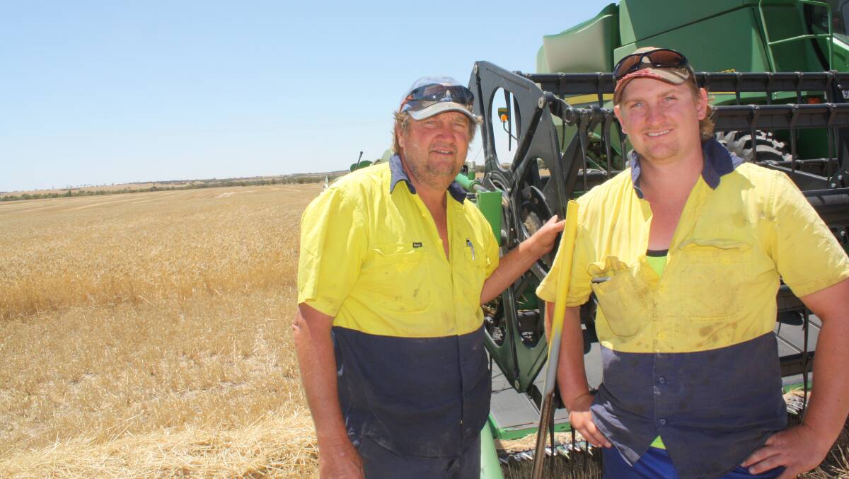 With harvest a third of the way through, father-son combination Anthony (left) and Jaden Applegate, Cadoux, were looking forward to getting into their wheat crops after a rain interrupted start to harvest. "We've had a few rain interruptions but thankfully we escaped crop damage," Anthony said. "Hopefully we get a good run from now on and get into the wheat which looks pretty good. We're harvesting Scope barley and we've had some ryegrass problems which have held back the crop's potential."