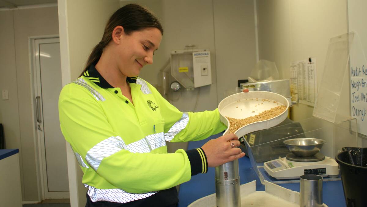 Rylee Della Bosca, Southern Cross, pouring wheat to capture the hectolitre weight at Merredin CBH.