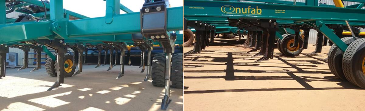 Views of the new Nufab deep ripper with shallow leading tynes, on ag tyres (on the left).