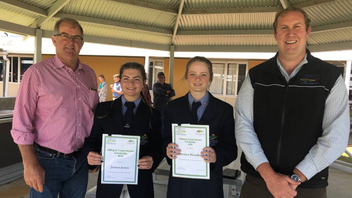 Inaugural Stirlings to Coast Farmers (SCF) scholarship winners Jessica James (left) and Bernice Wanden are pictured with SCF board member Jon Beasley (far left) and SCF R&D co-ordinator Nathan Dovey (far right).