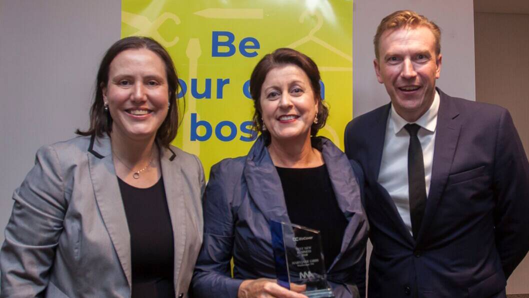 National Minister for Jobs and Industrial Relations Kelly O'Dwyer (left) presented Waxiwraps founder Maryjane Gibbs, Albany, with the New Enterprise Incentive Scheme (NEIS) Best New Business award. They are with NEIS national president Phil Kemp.