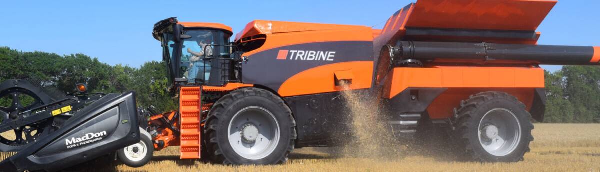 This is the new articulated Tribine combine harvester unveiled as a commercial model in Kansas recently. The company has plans for overseas markets once it's bedded down in North America.