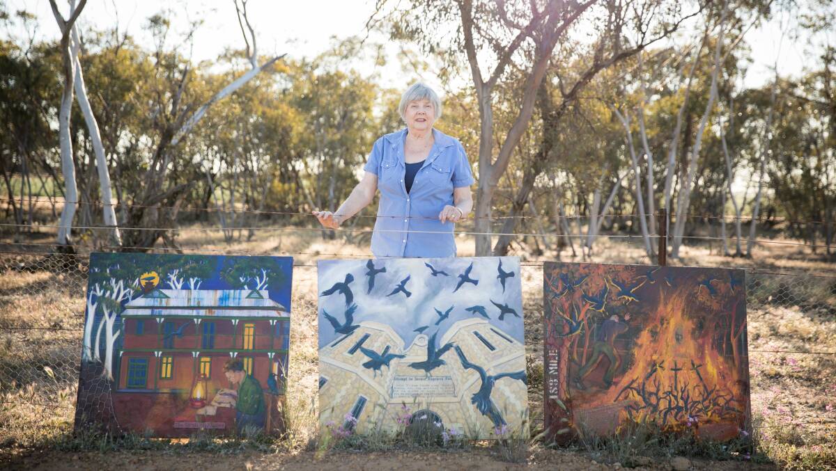 Burracoppin artist and farmer Jo Millington has created a seven-painting series depicting one of the Mid West's darkest stories, the Rabbit Proof Fence murders (also known as the Murchison murders) of the 1930s.