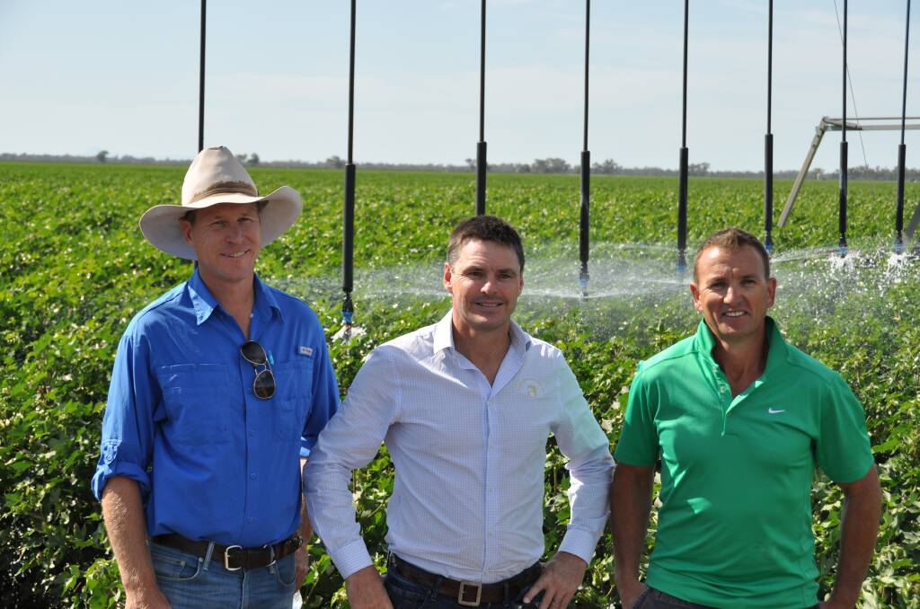 Nick Gillingham, manager, David Statham and Nathaniel Phillis at Keytah, a major innovative cotton enterprise that holds regular field days and shares knowledge to help the industry. (this one was about irrigation systems).