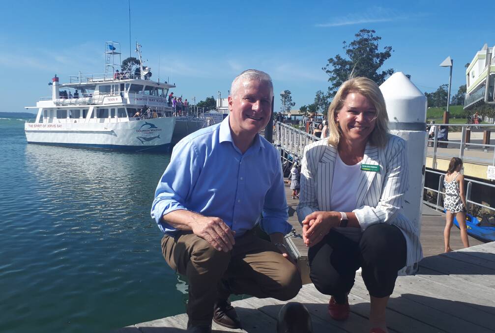 Deputy PM and Nationals Leader Michael McCormack on the campaign trail with Nats Gilmore candidate Katrina Hodgkinson at Huskisson Wharf, in Jervis Bay.