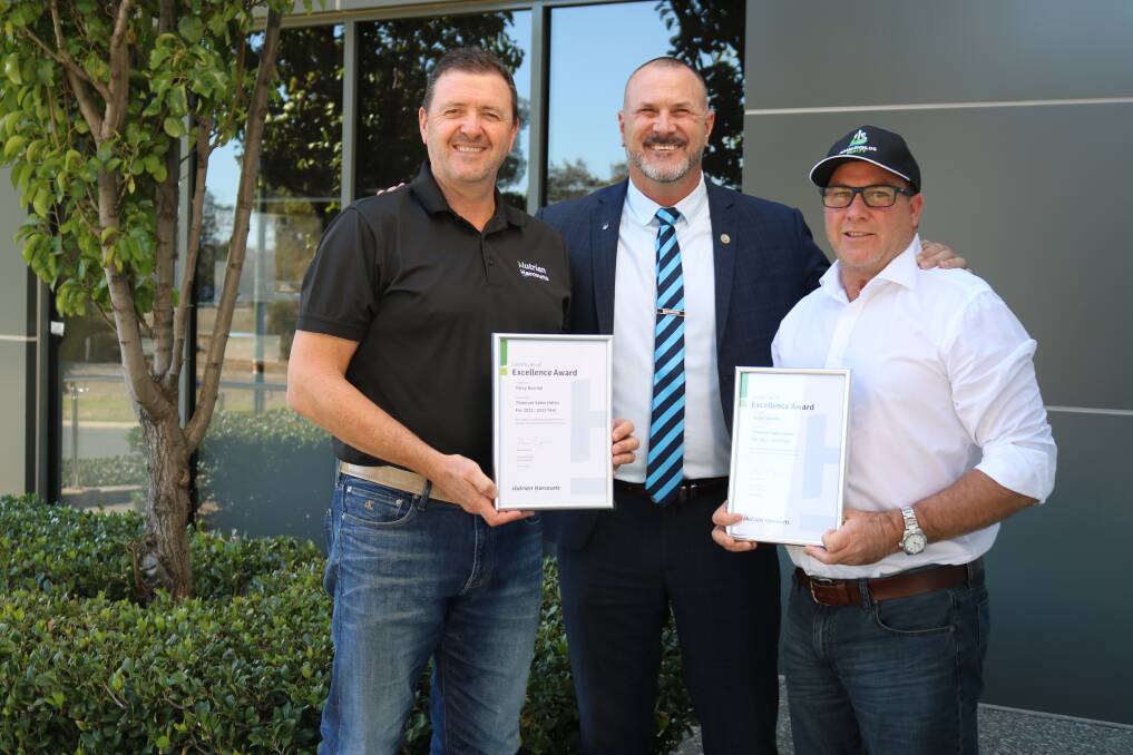 Nutrien Harcourts Titanium Award winners Terry Norrish (left) and Adam Shields (right), with Harcourts WA chief executive officer Shane Kempton.