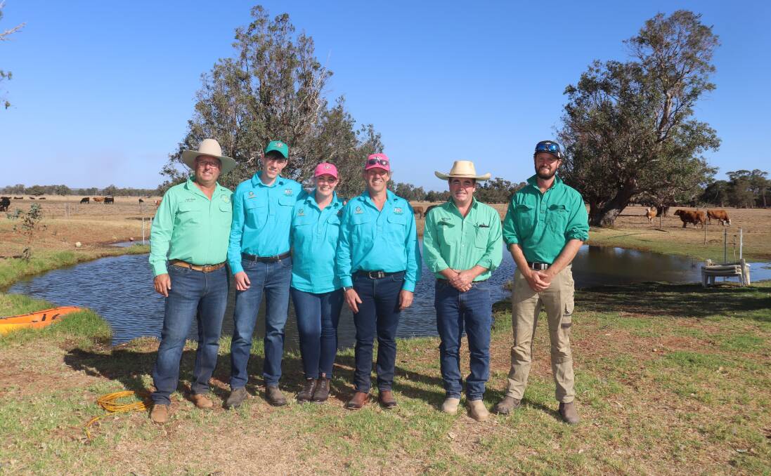 With one of four top price buyers, Josh Stretch (right), MP & LE Stretch, Boyup Brook, were Nutrien Livestock auctioneer and Boyanup/Capel agent Chris Waddingham (left), Max, Jess and Mick Clews, Nexgen Simmental stud, and Nutrien Livestock, Boyup Brook agent Jamie Abbs.
