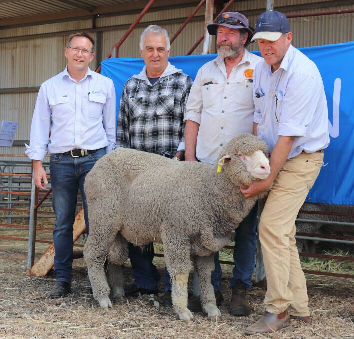 With the $1250 top priced Boorabbin ram were Greg Tilbrook (left), AWN wool and livestock state manager, buyer representative and sheep classer Bruno Luciani, Boorabbin stud principal Iain Nicholson and Rob Climas, AWN.
