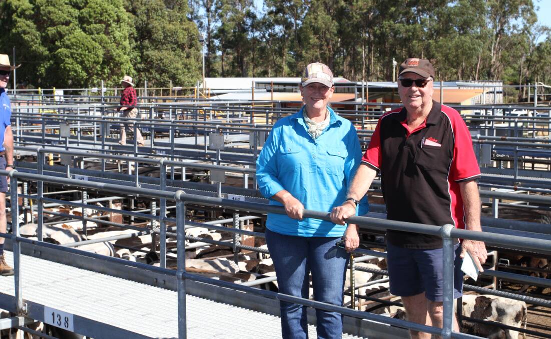 Vendor Sandra Whitburn, G & S Whitburn, Carbunup River and Elders, Nannup agent Terry Tarbotton at the Elders store cattle sale at Boyanup last Friday. The Whitburn family topped the dairy origin cattle market with their Angus-Friesian steers making 180c/kg.
