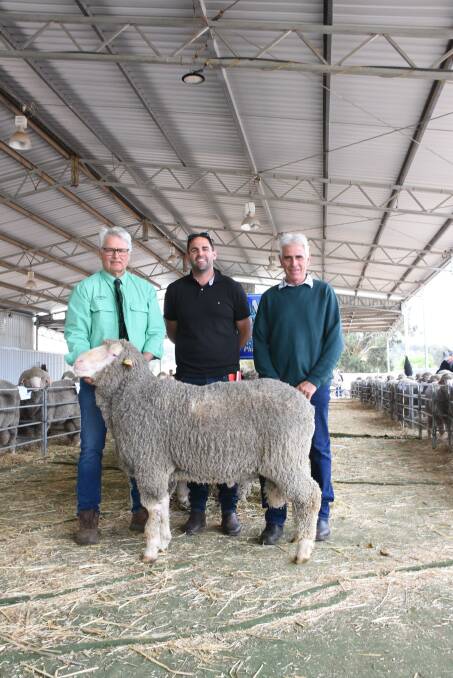 With the $2900 top-priced ram from the Hogg family's Navanvale stud offering were Nutrien Livestock Williams representative Peter Moore (left), and Navanvale principals Mitchell and Chriss Hogg, Williams. The ram was bought by the Macnamara family, Westmere Farming Co, Williams.