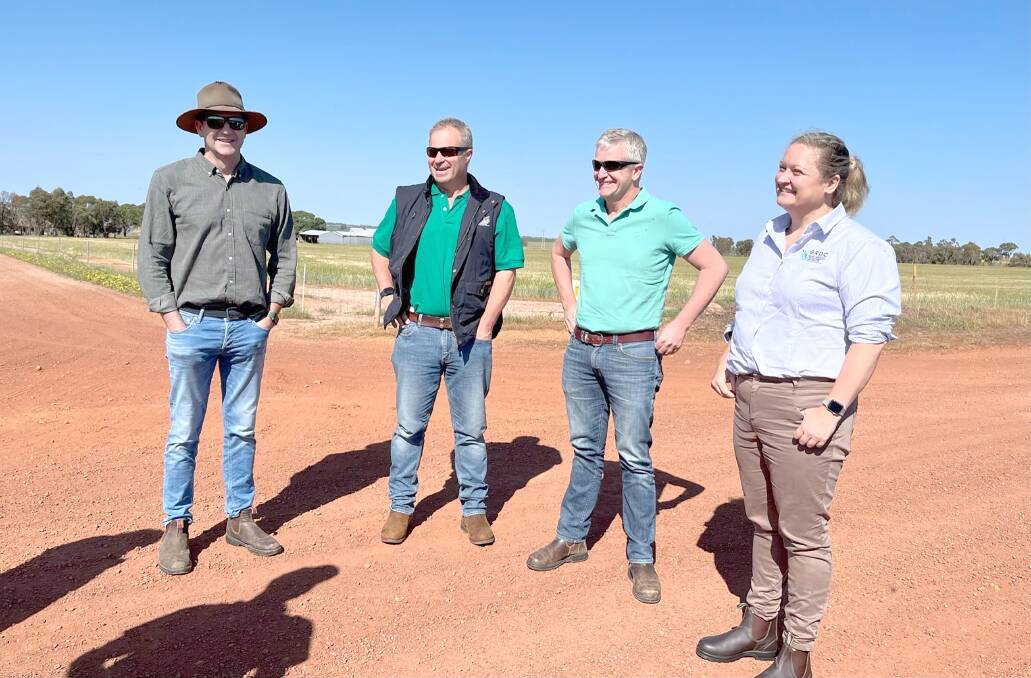 The GRDC Western Spring Panel Tour visiting the aerial seeded pasture legume trials at Konnongorring included GRDC western panel member John Young, left, GRDC southern panel member Andrew Bate, GRDC western panel member Quenten Knight and GRDC manager weeds, Sarah Morran.
