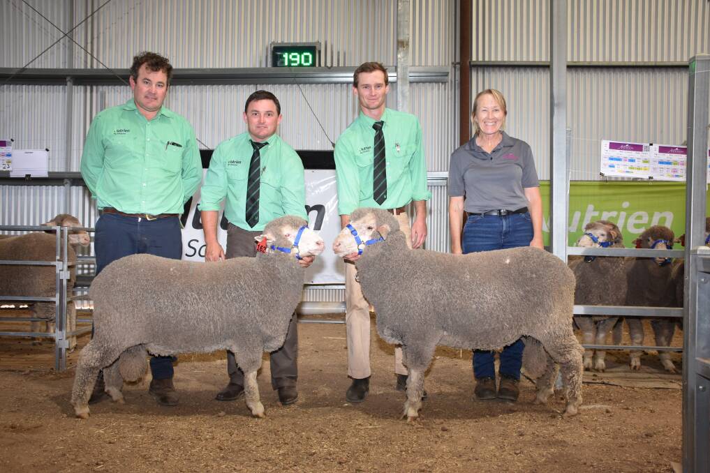 With the $5400 second top-priced (left) and $9200 top-priced rams at last weeks Anderson on-property Poll Merino ram sale at Kojonup that both sold to a New South Wales buyer operating on AuctionsPlus were Nutrien Livestock Breeding representative Mitchell Crosby (left), Nutrien Livestock, Kojonup agent Troy Hornby, Nutrien Livestock trainee Lachy OShea and Anderson stud principal Lynley Anderson.
