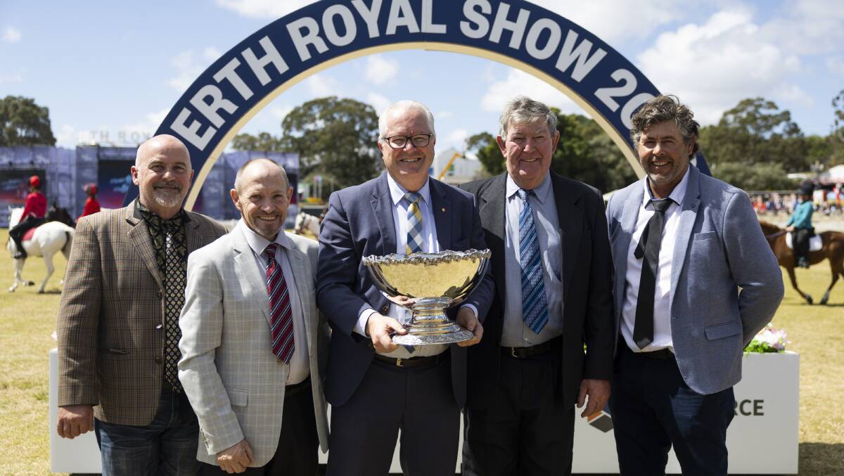 This year the Governor's Cup award at the Perth Royal Show was jointly awarded to the Squiers family, Shirlee Downs and Dongadilling Poll Dorset, White Suffolk and Prime SAMM studs, Quairading, and the Blight family, Dandalee Park dairy goat stud, Lower Chittering. Receiving the award from WA Governor Chris Dawson AC APM (centre) on the last day of the show last week were Dandalee Park's David Sauer (left) and Trevor Blight alongside Chris and Sascha Squires, Shirlee Downs andDongadilling studs.