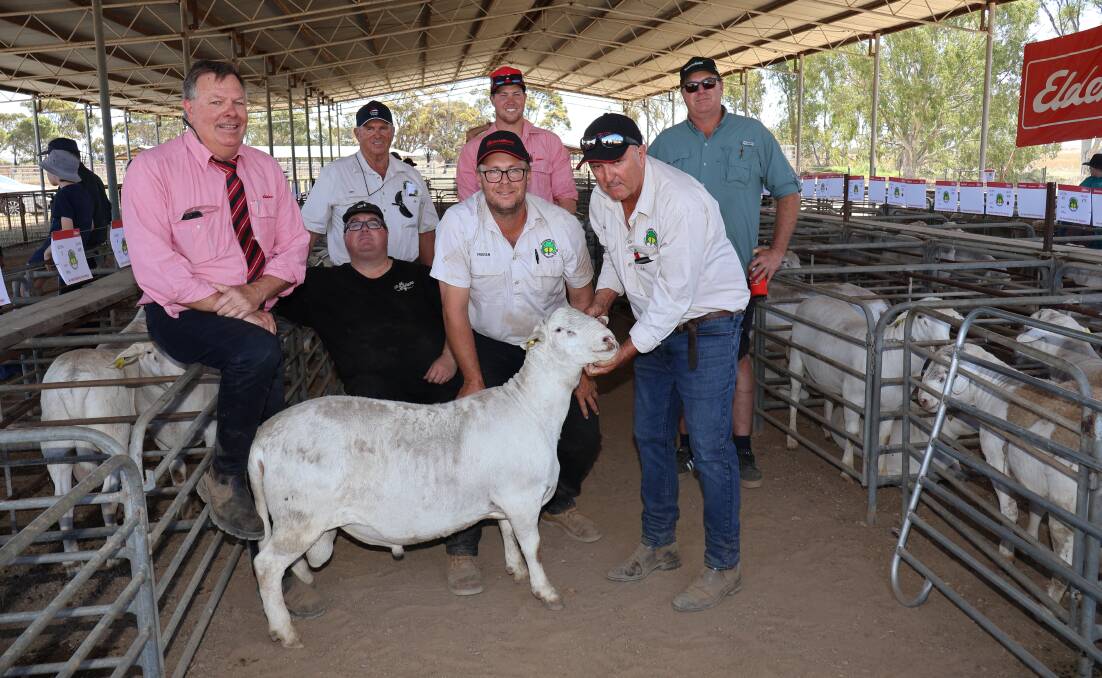 With the $12,000 top-priced ram at last week's Rainbows Rest SheepMaster ram and ewe sale at Carnamah purchased by the Smith family, Baboo Pastoral, Green Range, were Elders auctioneer Graeme Curry (left), Rainbows Rest Sheepmaster stud's Des Reed (back left), Elders, Mid West livestock agent Tom Page, buyers Scott Smith and Ryan Smith (front left), Rainbows Rest co-director, Tristan Reed and Rainbows Rest studmaster Geoff Crabb.