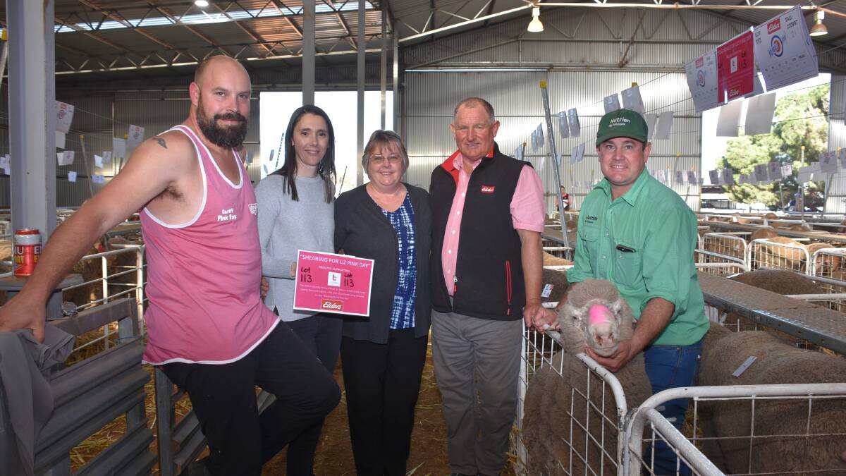 The Ledwith family donated the proceeds of one of their Poll Merino rams to the Shearing For Liz Pink Day fundraiser charity for Breast Cancer Research WA, and it sold to the Fowler family, Chilwell, Condingup, for $3000. With the ram were Shearing For Liz Pink Day co-founder Tom Reed (left), Kolindales Daniela Varone and Shirley Ledwith, Elders stud stock representative Russell McKay and Nutrien Livestock Breeding representative Mitchell Crosby, who purchased the ram for the Fowlers.
