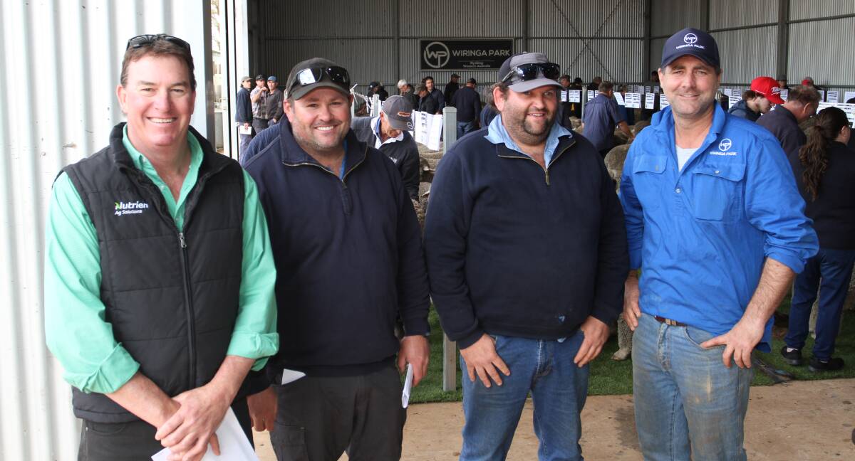 Nutrien Livestock auctioneer and Katanning agent Mark Warren (left), Mark Sullivan and Matthew Thompson, Bellakin Grazing Co, Katanning and Wiringa Park stud co-principal Greg Hobley, Nyabing. Bellakin Grazing Co purchased six rams at the sale paying to $3800 and a $2317 average.
