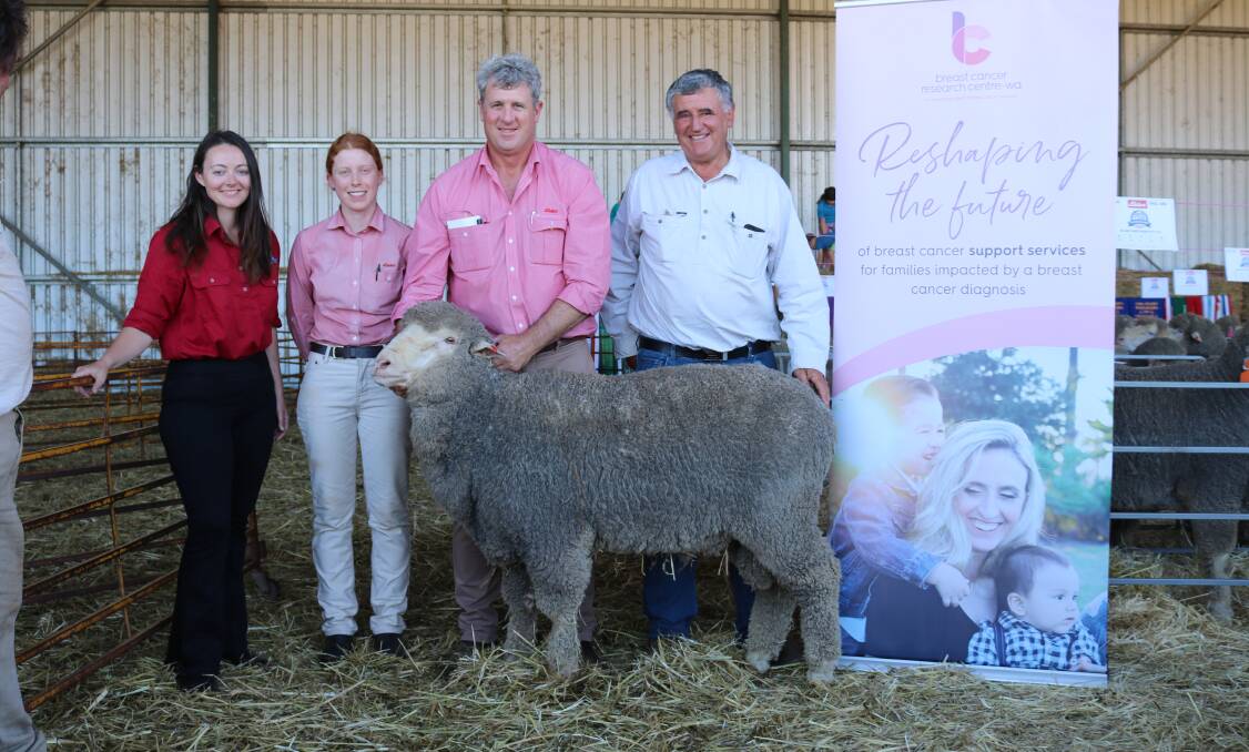 With the breast cancer research charity ram which sold for $2800 were Seymour Park co-principal Sarah Blight (left), Elders livestock trainee Sarah Walters, Elders livestock manager Narrogin, Paul Keppel and buyer Bill Cowan, Crichton Vale stud, Narembeen.