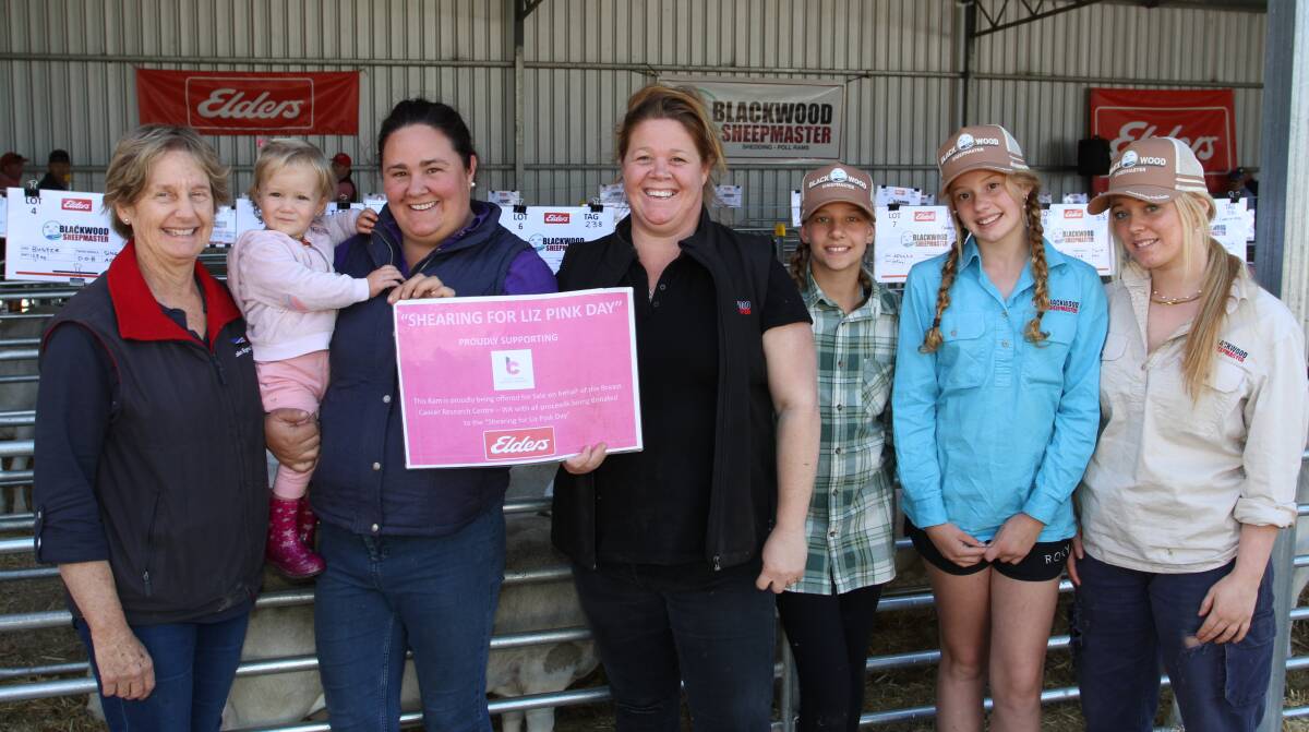 Helen (left) and Emma Robertson holding daughter Florence, WM & CM Robertson, Boyup Brook and Ginette Corker, Lilliana Ruffino, Rachel and Heidi Corker, Blackwood SheepMaster stud, Kulikup, following the Blackwood sale. The Robertsons were the sales volume buyer with 16 rams at an average of $2619 and $4400 top price and included the charity ram with its $1500 sale proceeds donated by the Corker family to the Shearing For Liz Pink Day fundraiser for Breast Cancer Research Centre-WA.
