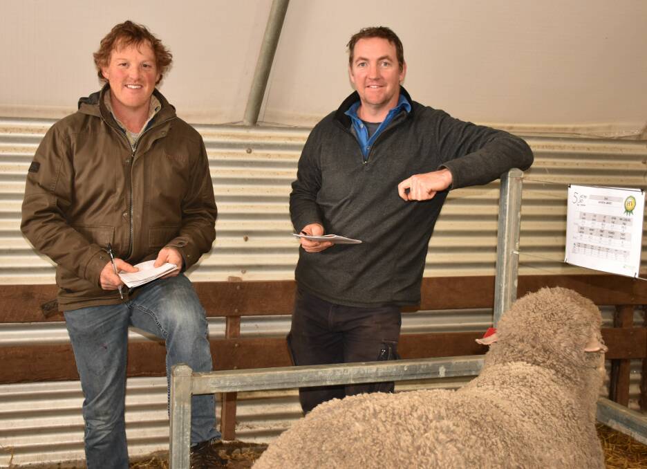 Buyers Mark Jefferies (left), Jefferies Grazing, Cranbrook and Gordon Coleman, Kilreany Farms, Kojonup, compare notes after the Hiview sale at Kulikup on Monday.
