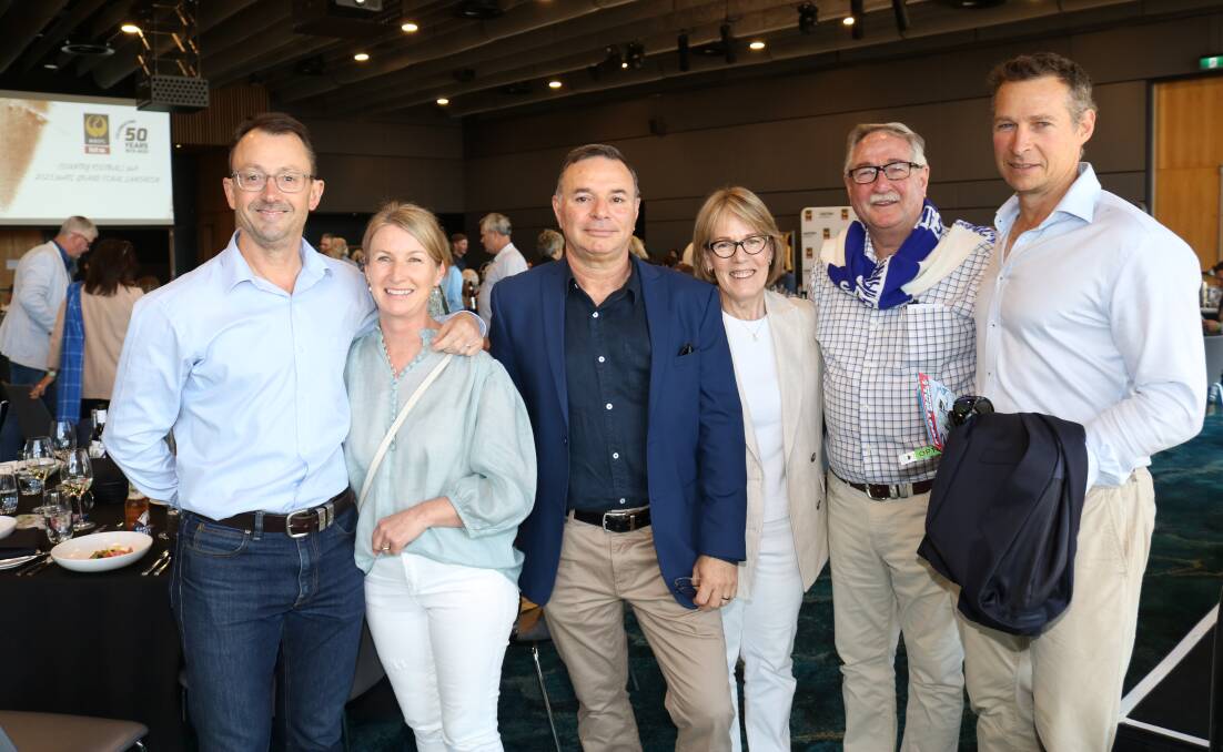 Nutrien Ag Solutions region manager - west Andrew Duperouzel (left) and his wife Lisa, were with credit manager Joe Mondi, Geraldine Dolan, key account manager Steve Wright and Highbury farmer Tim Wiese.