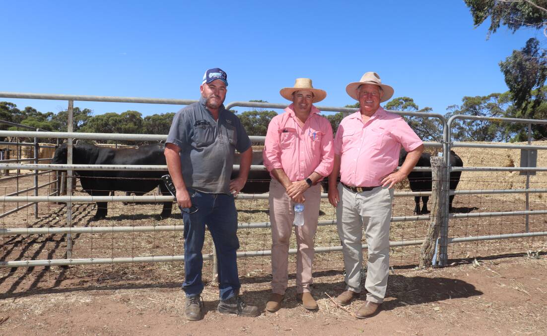 The volume buyer, Craig Moore (left), Hay River Grazing Co Pty Ltd, Mt Barker, who purchased four bulls at a $4000 average, with Elders Cranbrook agent Clark Skinner and Elders stud stock representative Russell McKay.
