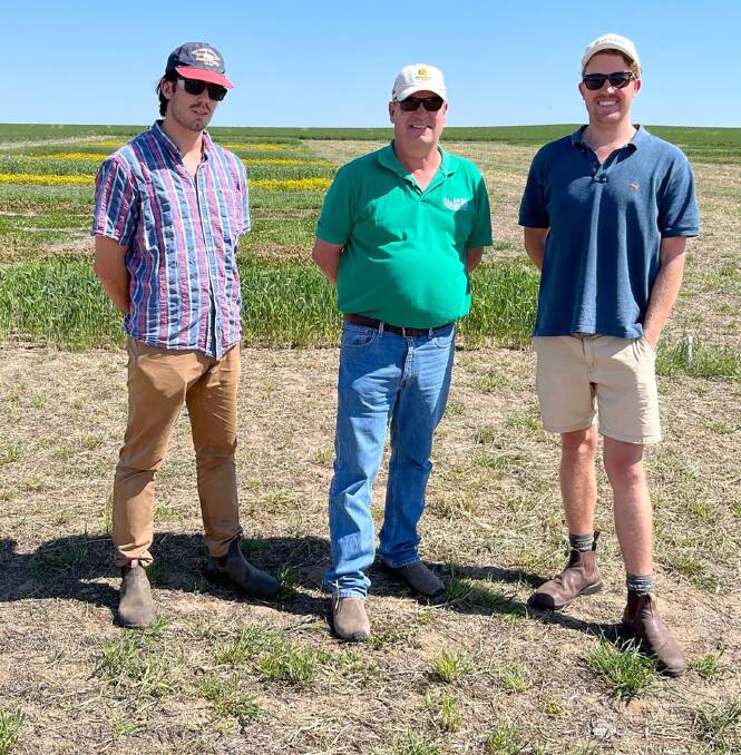  Murdoch University researchers Benedict Arthur (left) and Robert Harrison (right), with GRDC western panel chairman Darrin Lee, Mingenew, at the aerial seeded pasture legume trials at Konnongorring.