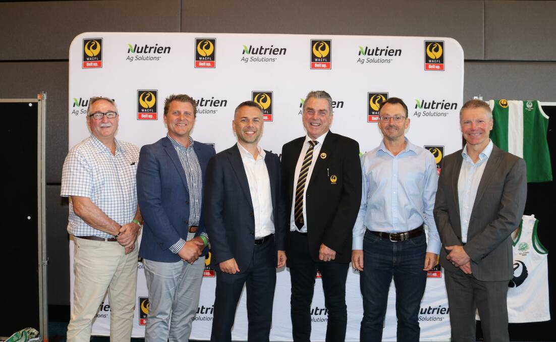 Nutrien Ag Solutions key account manager Steve Wright (left), with incoming CFWA president Brendon Simpson, Quairading, WAFL CEO Michael Roberts, outgoing CFWA president John Shadbolt, Mukinbudin, Nutrien Ag Solutions region manager - west Andrew Duperouzel, whose company has been continuously sponsoring country football for 49 years and CFWA executive manager Tom Bottrell.