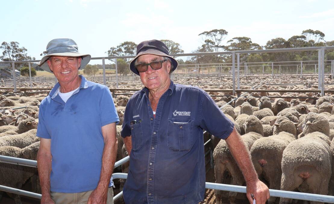 Chris Joyce, York, caught up with Westcoast Rural agent York, Mark Fairclough, in front of the $80 per head top-priced pen of 2.5 year old ewes presented by Rockhill Farms at the Corrigin leg of the sale.
